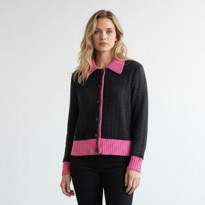 Carlisle Cashmere & Silk Grey Black & Hot Pink 2 Piece Matching Shell & Cardigan
